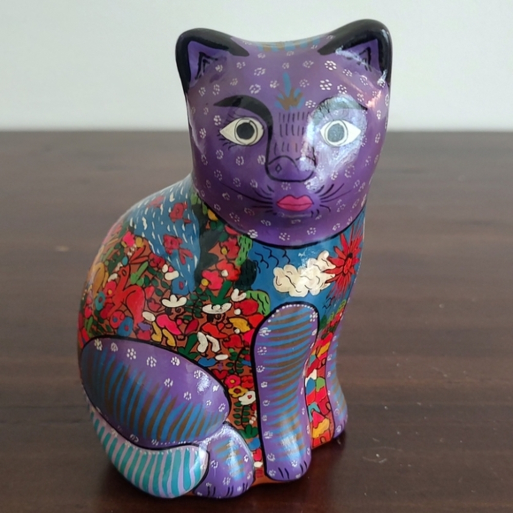 Talavera Style Pottery Cat Mexico Colorful Purple